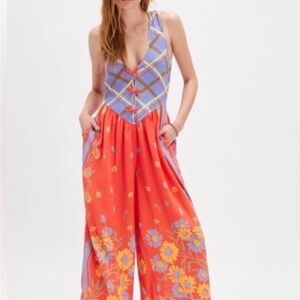 Free People Linen Bali Honeydew Bow Colorful Jumpsuit in Fiesta Combo XS